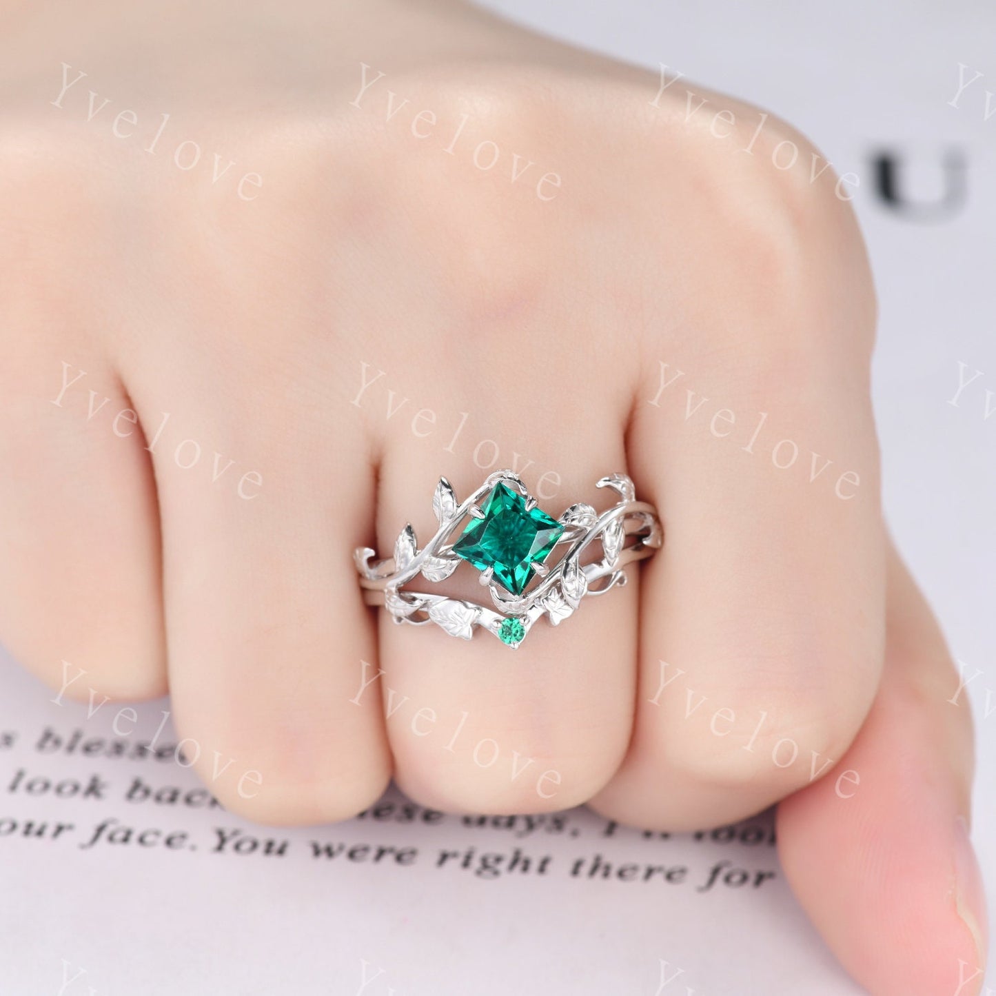 Princess Emerald Ring,Vintage Twig Vine Leaf Ring,Unique Emerald Engagement Ring,May birthstone Ring,Promise Anniversary Bridal Ring Gift