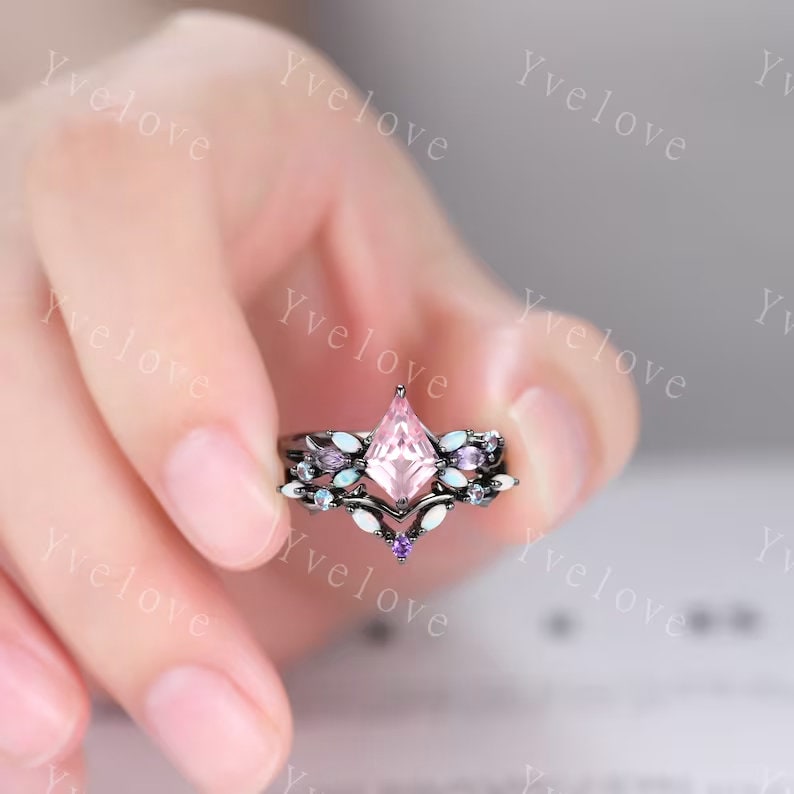 Vintage Kite Pink Sapphire Engagement Ring Set,Black Gold,Vines Amethyst Opal Ring,Women Bridal Set,Unique Twig Anniversary Promise Gift