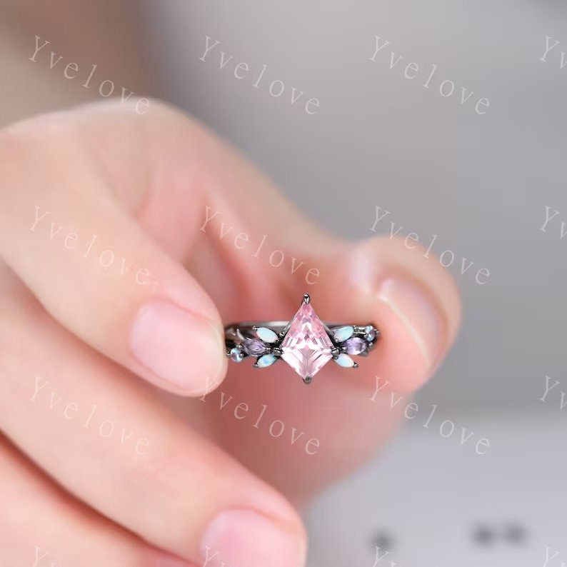 Vintage Kite Pink Sapphire Engagement Ring Set,Black Gold,Vines Amethyst Opal Ring,Women Bridal Set,Unique Twig Anniversary Promise Gift