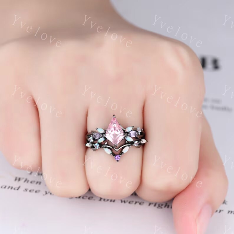 Vintage Kite Pink Sapphire Engagement Ring Set,Black Gold,Vines Amethyst Opal Ring,Women Bridal Set,Unique Twig Anniversary Promise Gift