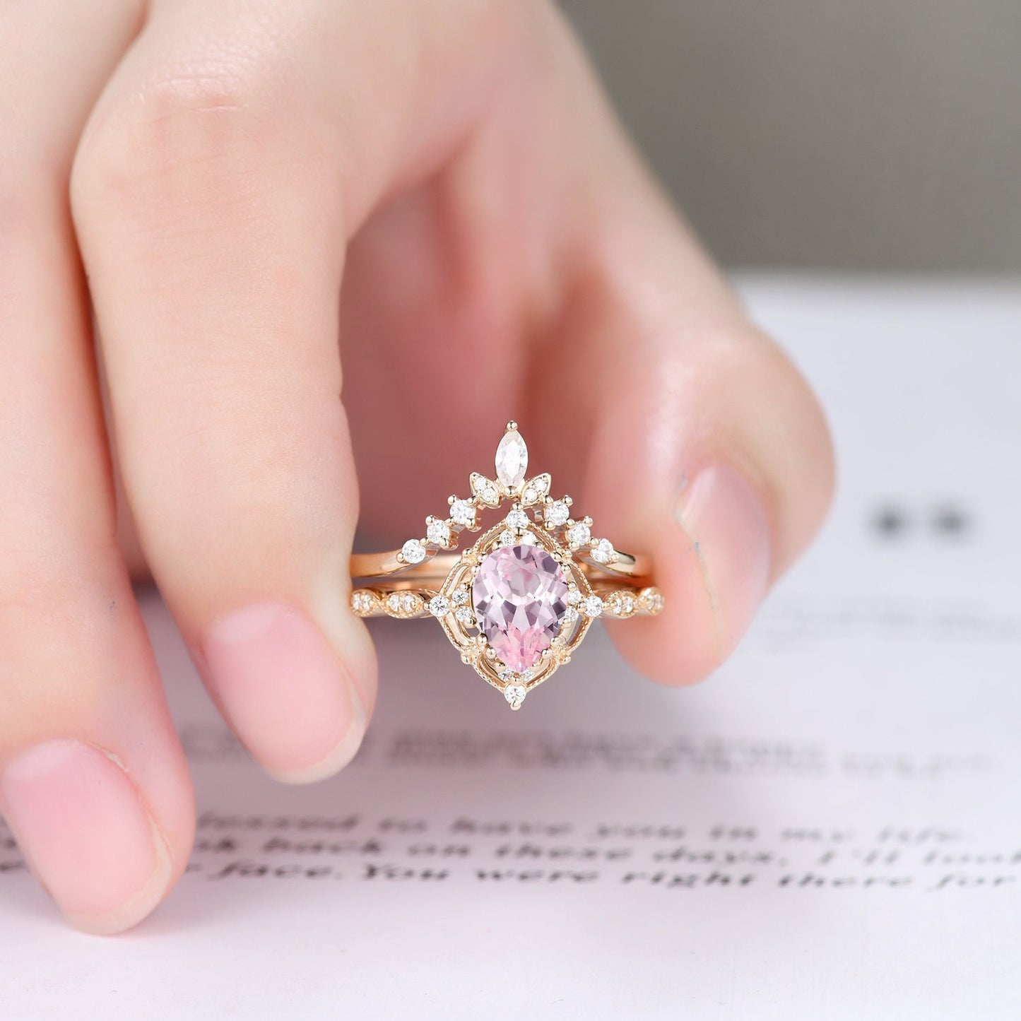 Vintage Pink Sapphire Engagement Ring,Pear Shape Sapphire Ring Set,14K Gold Ring,Unique Women Moissanite Promise Ring For Her,Handmade Gift