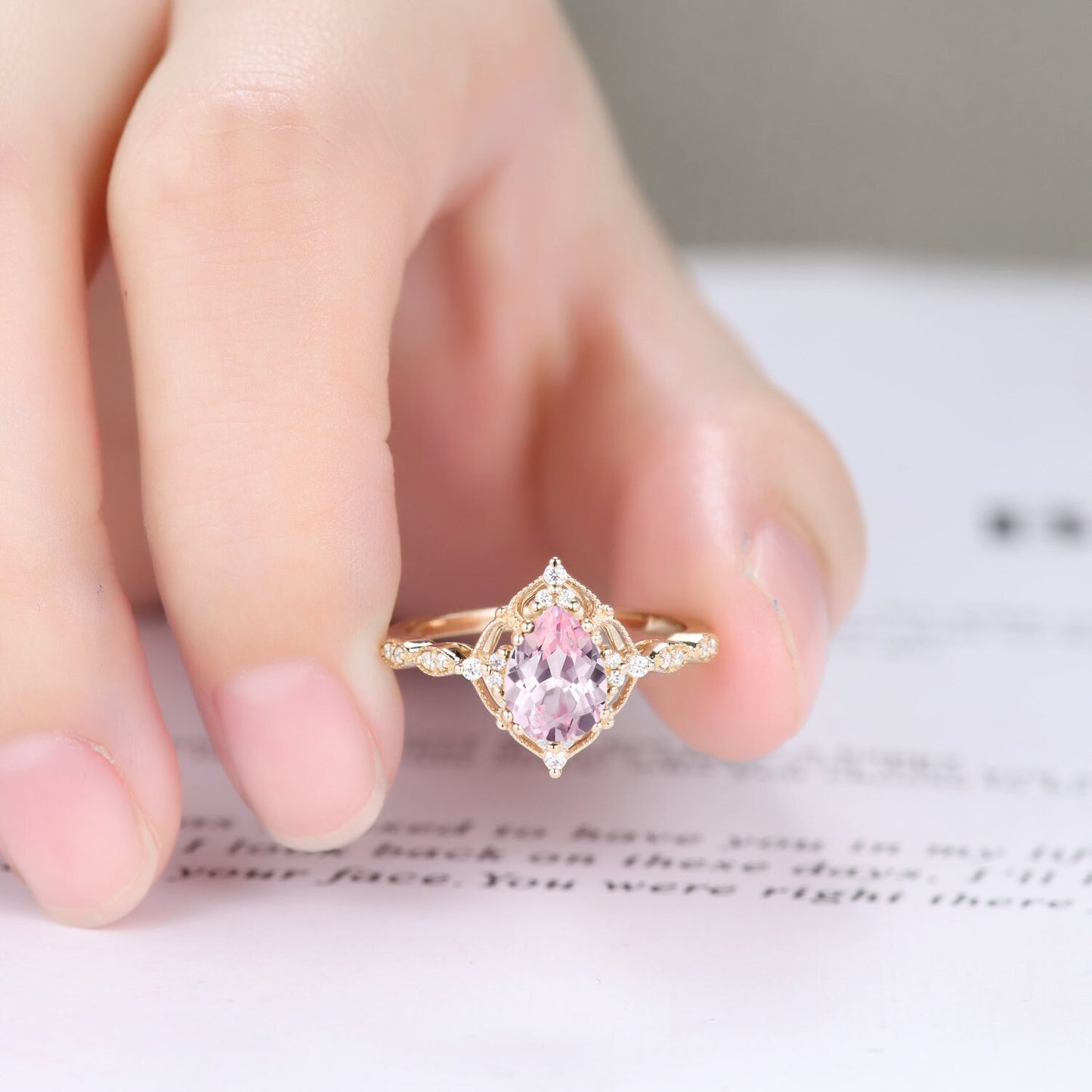 Vintage Pink Sapphire Engagement Ring,Pear Shape Sapphire Ring Set,14K Gold Ring,Unique Women Moissanite Promise Ring For Her,Handmade Gift