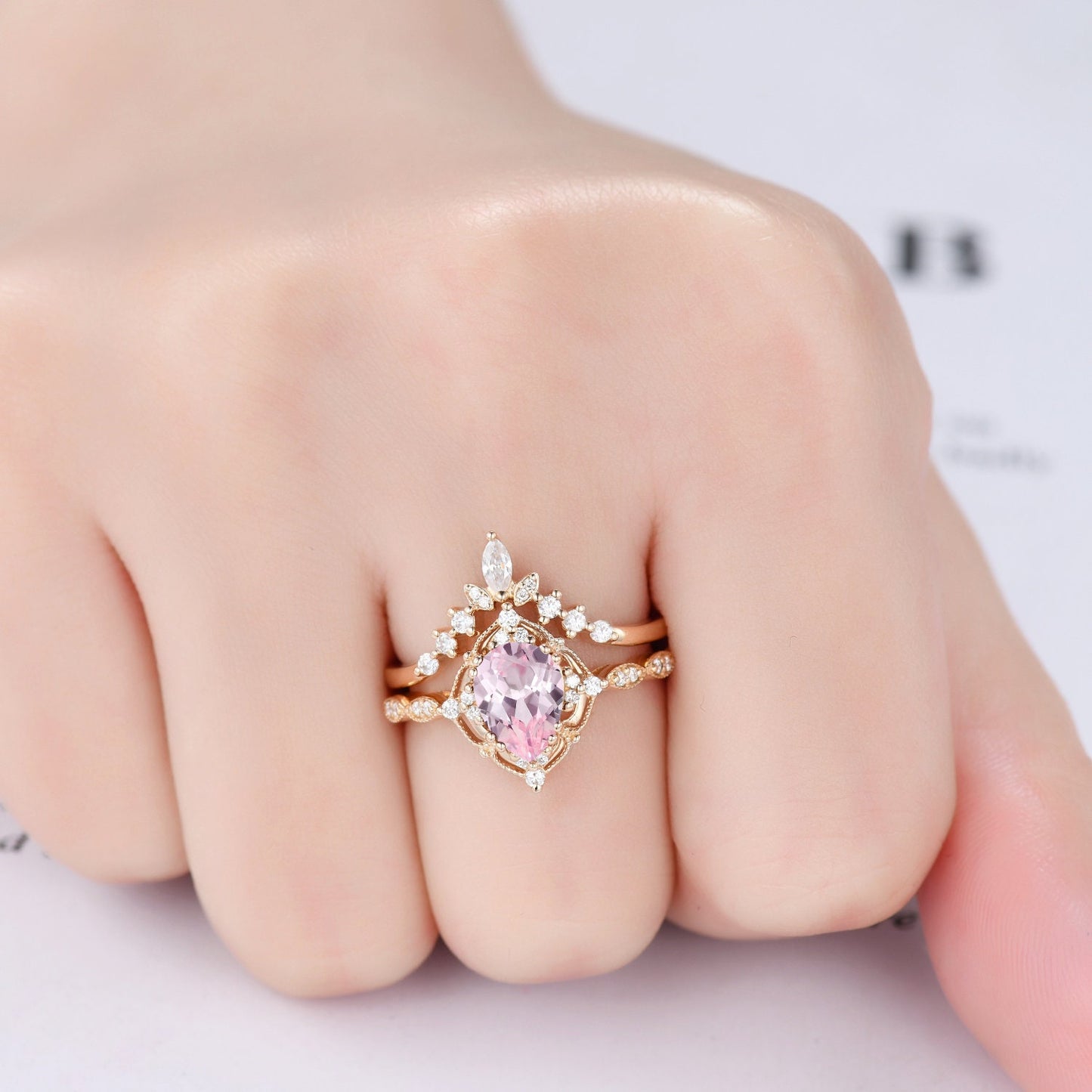 Vintage Pink Sapphire Engagement Ring,Pear Shape Sapphire Ring Set,14K Gold Ring,Unique Women Moissanite Promise Ring For Her,Handmade Gift