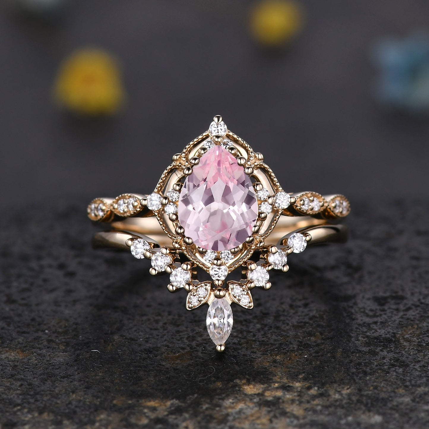 Vintage Pink Sapphire Engagement Ring,Teardrop Sapphire Ring Set,14K White Gold,Unique Women Moissanite Promise Ring For Her,Handmade Gift