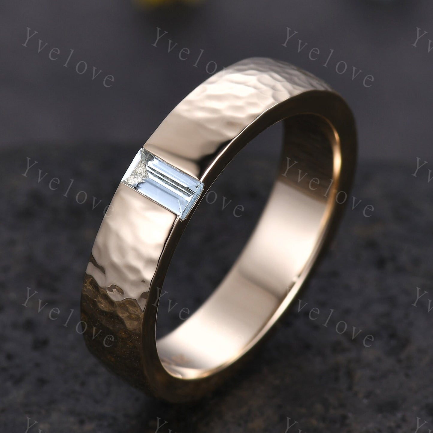 Mens Baguette Aquamarine Band Blue Aquamarine Wedding Band 5mm Solid Gold Ring Mens Hammered Stacking Matching Band Retro Vintage Ring Gift