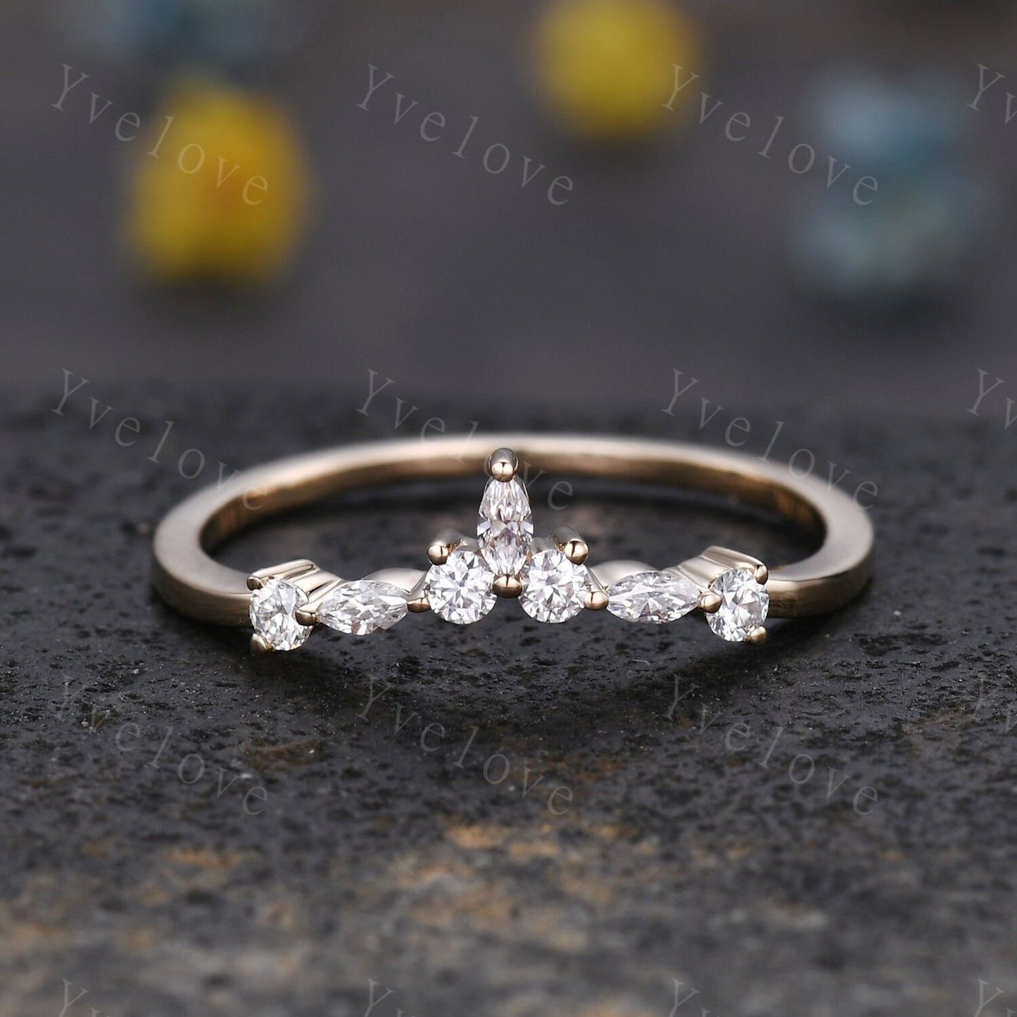 Dainty moissanite wedding band Yellow gold wedding band Curved wedding ring Stacking matching band Bridal Promise band Women delicate ring