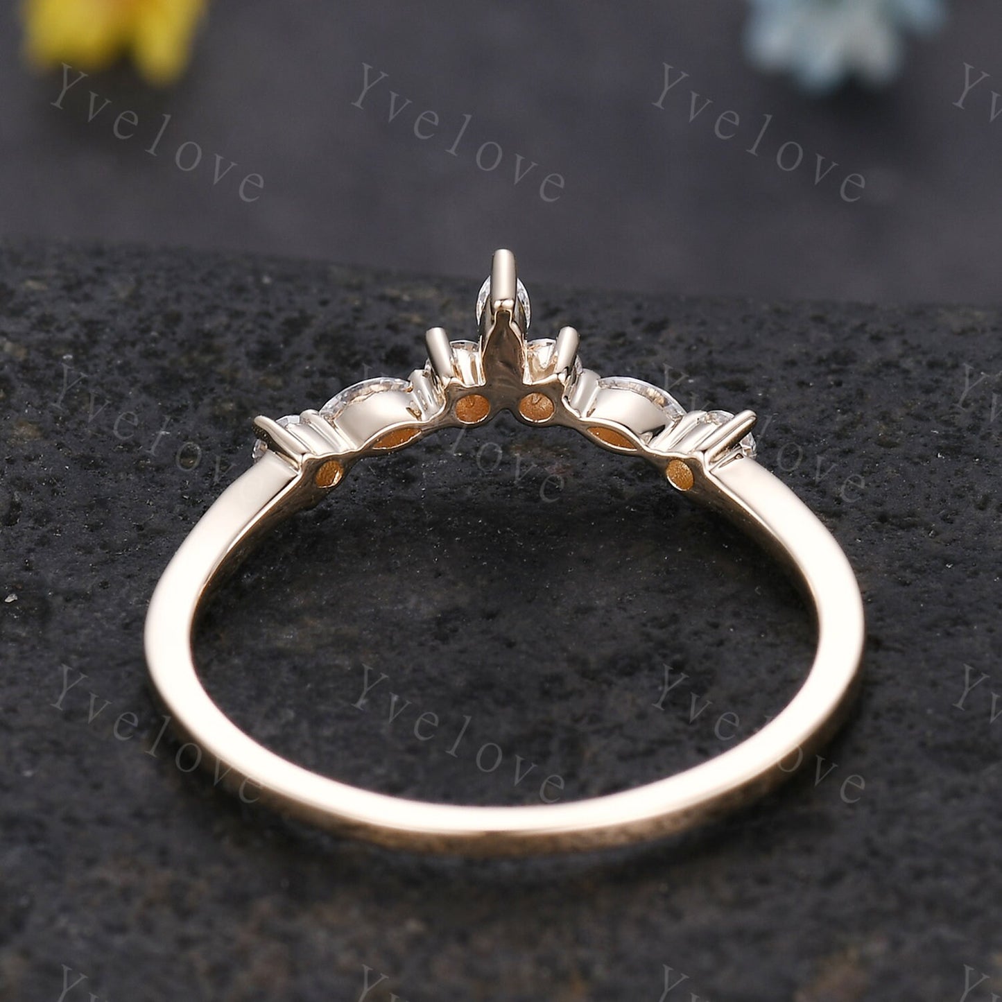 Dainty moissanite wedding band Yellow gold wedding band Curved wedding ring Stacking matching band Bridal Promise band Women delicate ring