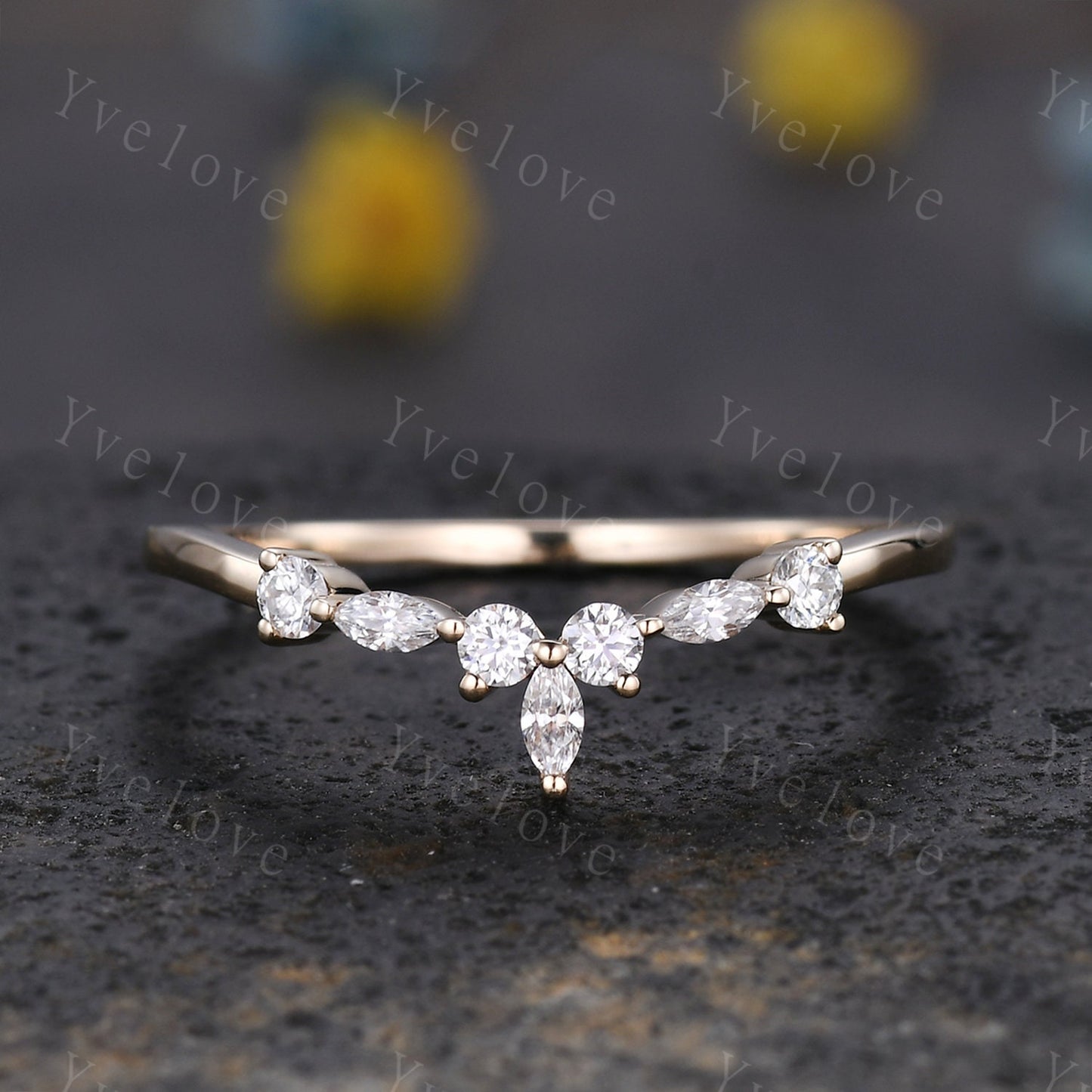 Dainty moissanite wedding band Yellow gold wedding band Curved wedding ring Stacking matching band Bridal Promise band Women delicate ring