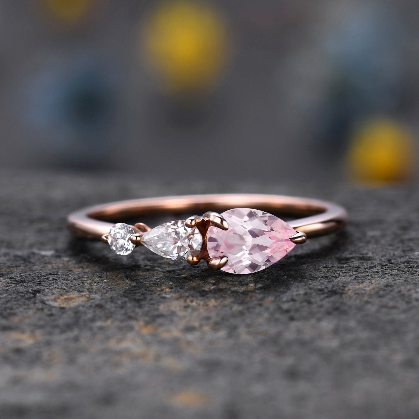 Vintage Pink Sapphire Ring Engagement Ring,Pear Cut Gems,Art Deco Moissanite Wedding Band,3 Stone Unique Women Bridal Promise Ring,Rose Gold