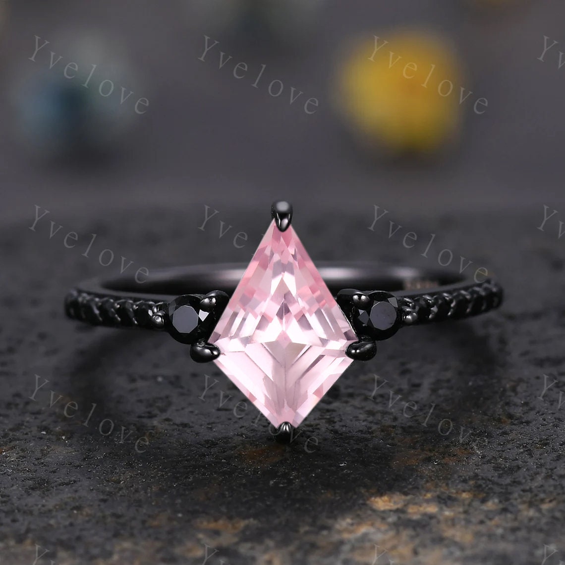 Retro Kite Cut Pink Sapphire Engagement Ring,Vintage Black Silver Ring Set,Unique Black Spinel Diamond Promise Ring Anniversary Gift For Her