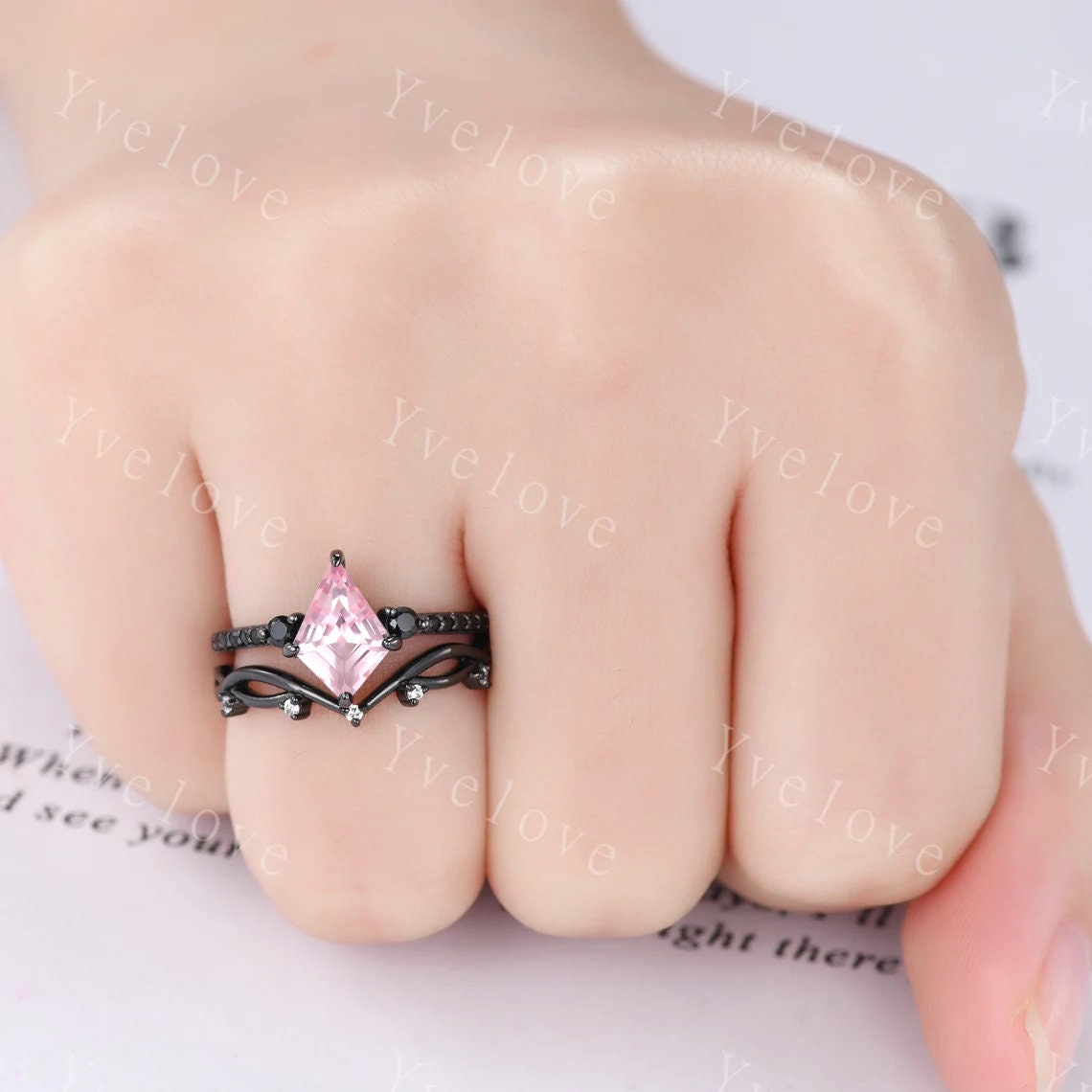 Retro Kite Cut Pink Sapphire Engagement Ring,Vintage Black Silver Ring Set,Unique Black Spinel Diamond Promise Ring Anniversary Gift For Her