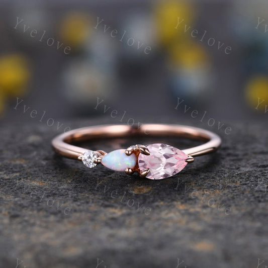 Vintage Pink Sapphire Opal Engagement Ring,Pear Cut Gems,Art Deco Moissanite Wedding Band,3 Stone Unique Women Bridal Promise Ring,Custom