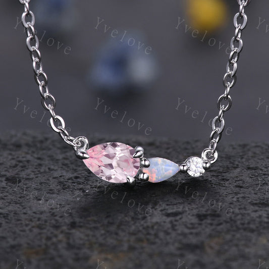 Unique Pink Sapphire Opal Necklace,Pear Cut Gems,Art Deco Diamond Delicate Dainty Necklace,3 Stone Unique Women Bridal Gift,Birthday Gift
