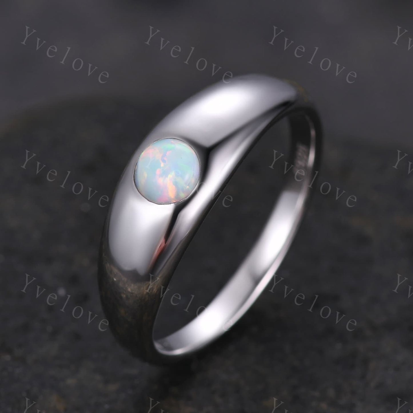 Men ring round cut white opal engagement ring 14k white plain gold wedding band mens promise ring anniversary ring father's gift customized