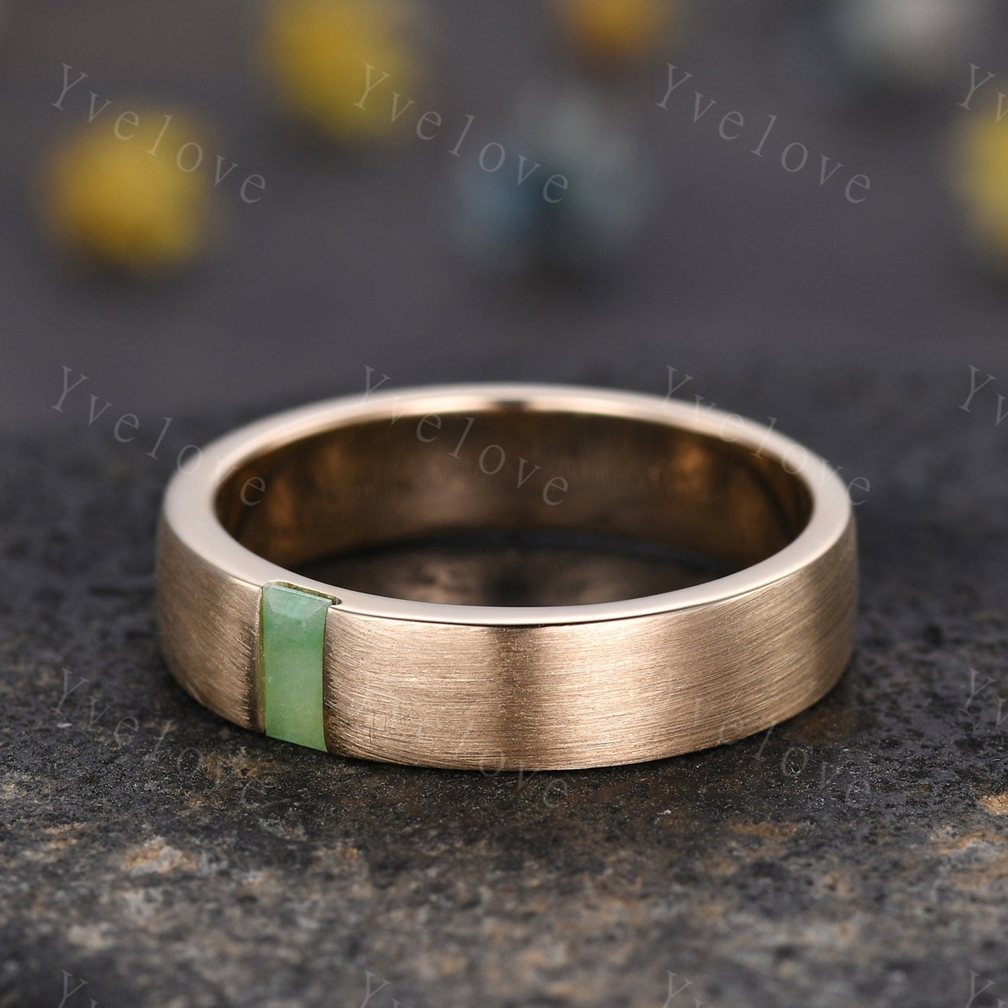 Mens Jade Wedding Band Baguette Cut Green Jade Band 5mm Solid Gold Ring Mens brushed Stacking Matching Band Retro Vintage Ring Gift for Him