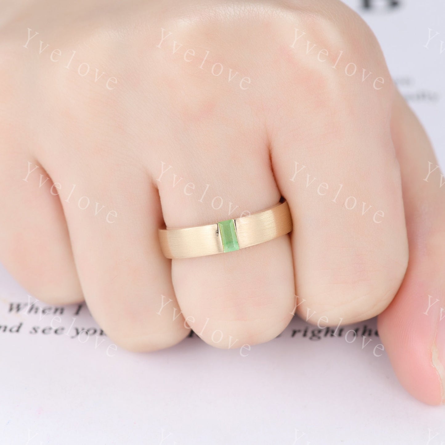 Mens Jade Wedding Band Baguette Cut Green Jade Band 5mm Solid Gold Ring Mens brushed Stacking Matching Band Retro Vintage Ring Gift for Him