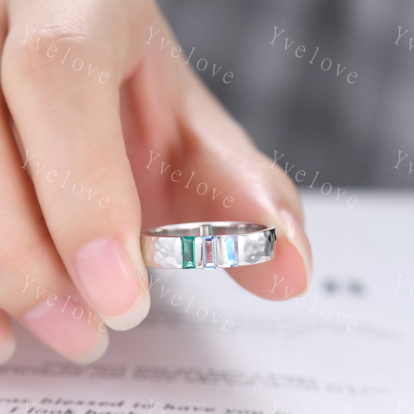 Mens Alexandrite Moonstone Wedding Band Baguette Cut Emerald Band 5mm White Gold Ring Mens Hammered Stacking Matching Band Vintage Mens Gift