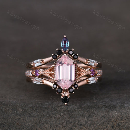 Antique Pink Sapphire Engagement Ring Set Women Hexagon cut Ring Unique Art Deco Aquamarine Stacking Matching Band Bridal Promise Set
