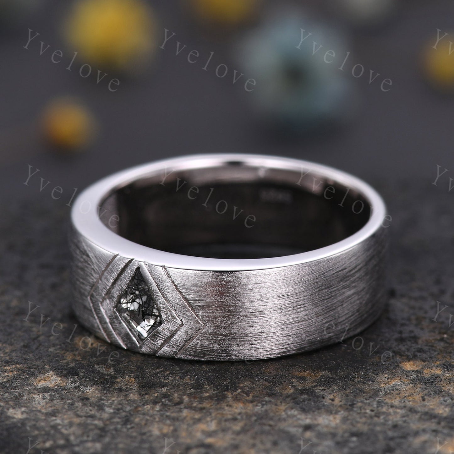 7mm White Gold Mens Kite Cut Black Quartz Wedding Band Black Jewelry Engagement Ring Matt Finish Band Mens Stacking Band His Wedding band