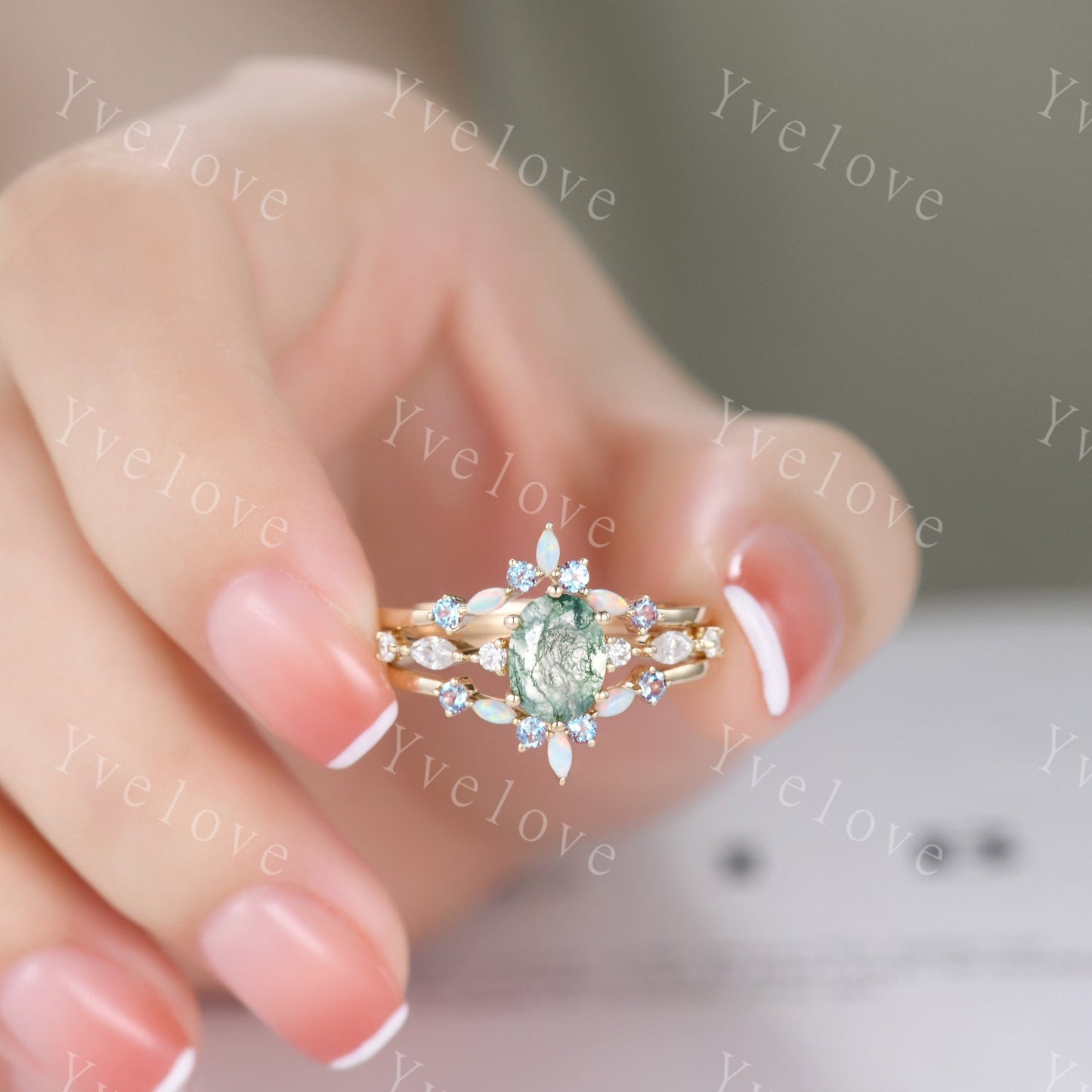 Vintage moss agate engagement ring set,Unique gold wedding set,Art deco opal alexandrite matching stacking ring,bridal set,rings for women