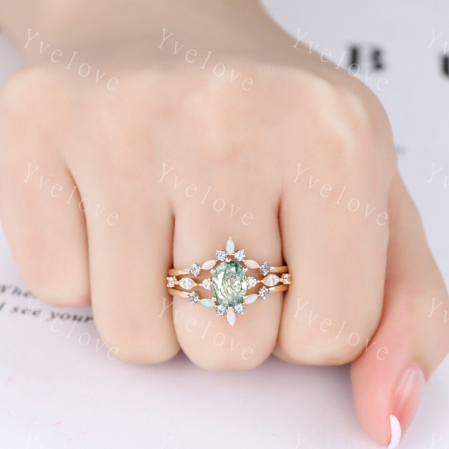 Vintage moss agate engagement ring set,Unique gold wedding set,Art deco opal alexandrite matching stacking ring,bridal set,rings for women