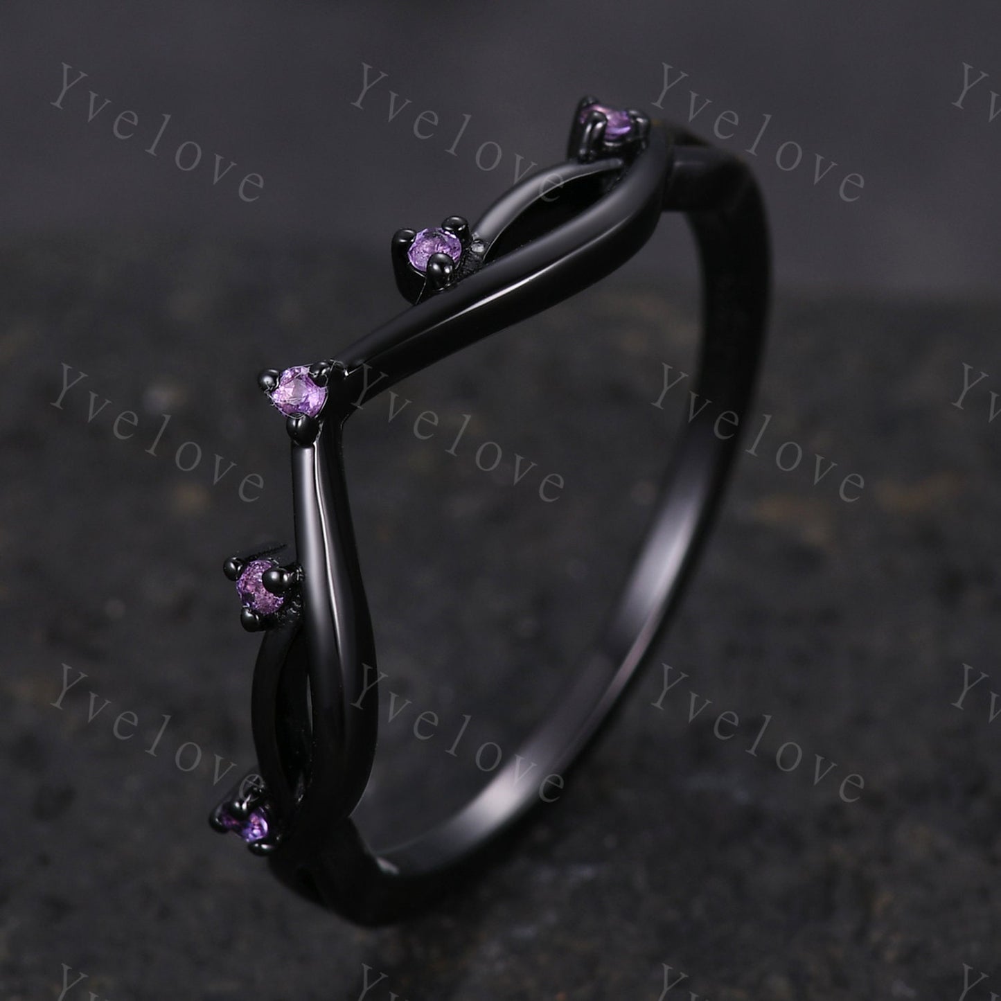 Vintage Amethyst Engagement Ring,Twig Stacking Band,Women Vine Amethyst Band,Art Deco Curved Branch Wedding Band,Black Gold Silver Ring Gift