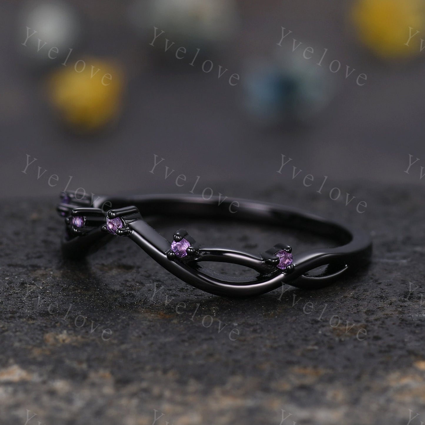 Vintage Amethyst Engagement Ring,Twig Stacking Band,Women Vine Amethyst Band,Art Deco Curved Branch Wedding Band,Black Gold Silver Ring Gift