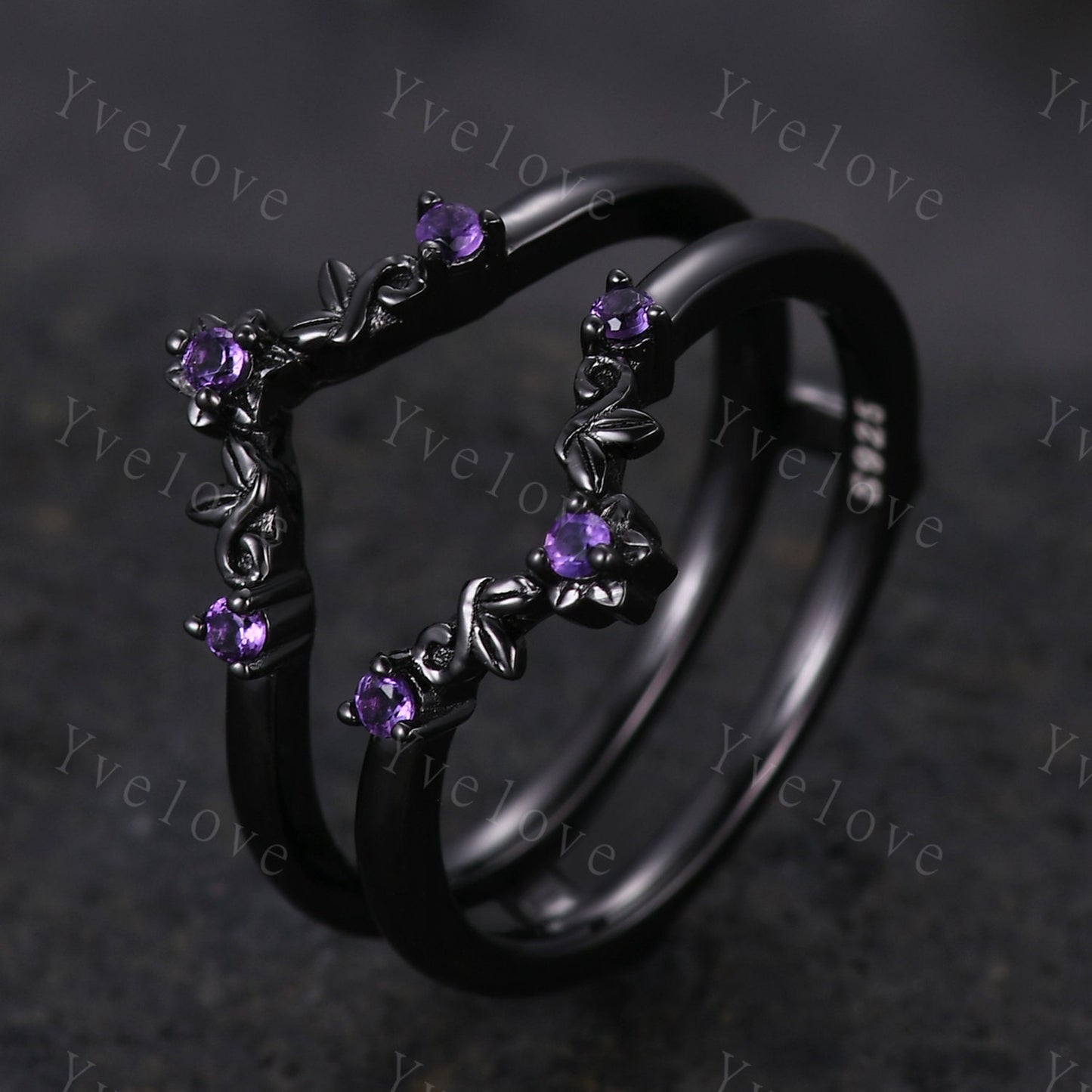Antique Amethyst Engagement Ring,Vintage Amethyst Enhancer Stacking Band,Women Matching ring, Retro Curved Wedding Band,Black Metal Ring