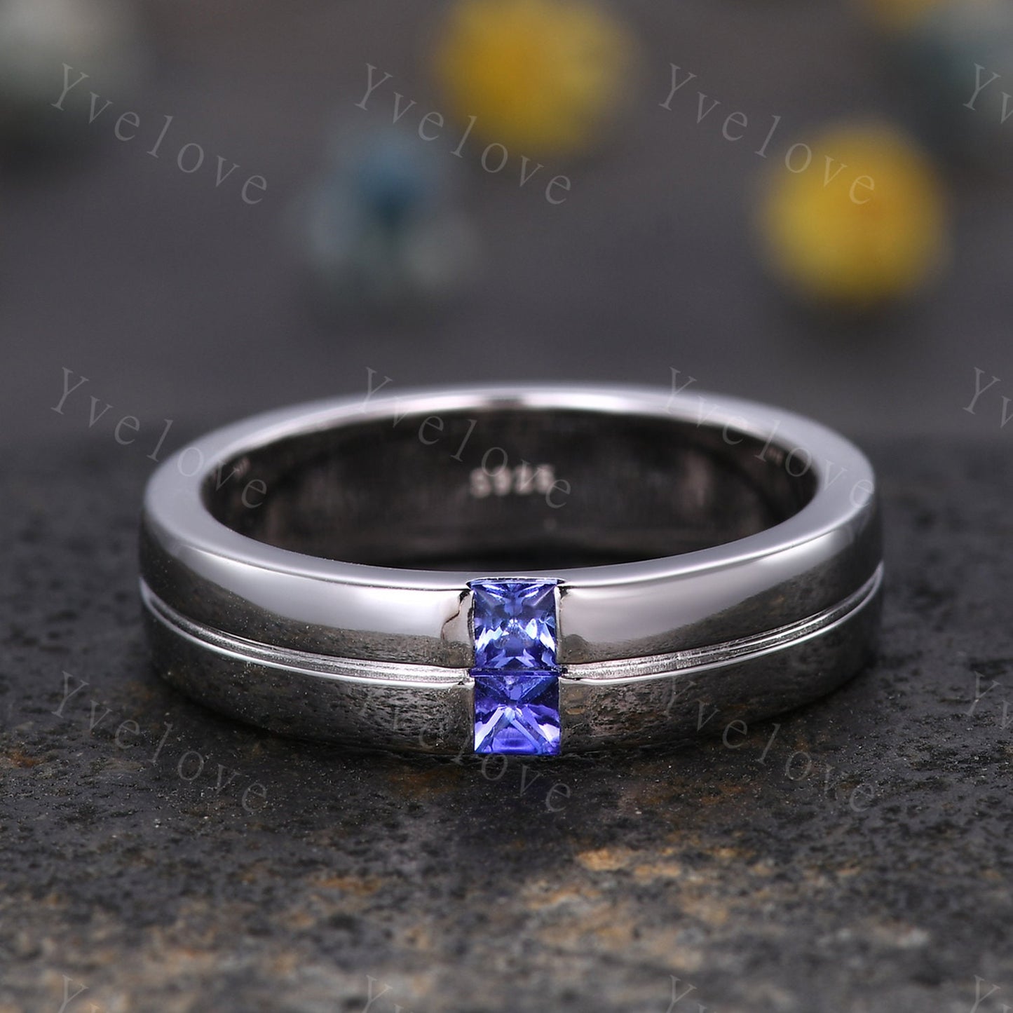Mens Tanzanite Wedding Band Princess Cut Tanzanite Ring Platinum Ring Mens Solitaire Stacking Matching Band Retro Vintage Ring Gift For Him