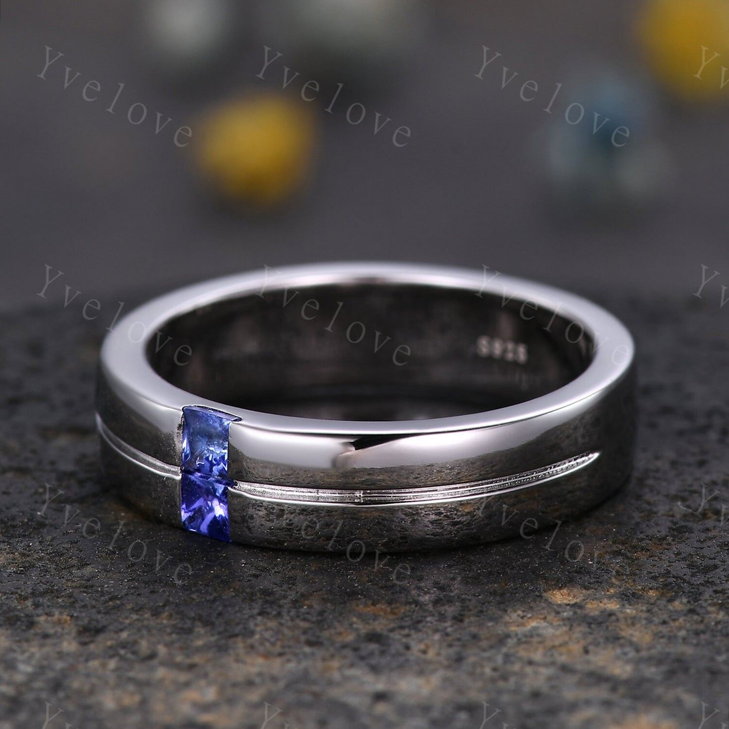 Mens Tanzanite Wedding Band Princess Cut Tanzanite Ring Platinum Ring Mens Solitaire Stacking Matching Band Retro Vintage Ring Gift For Him