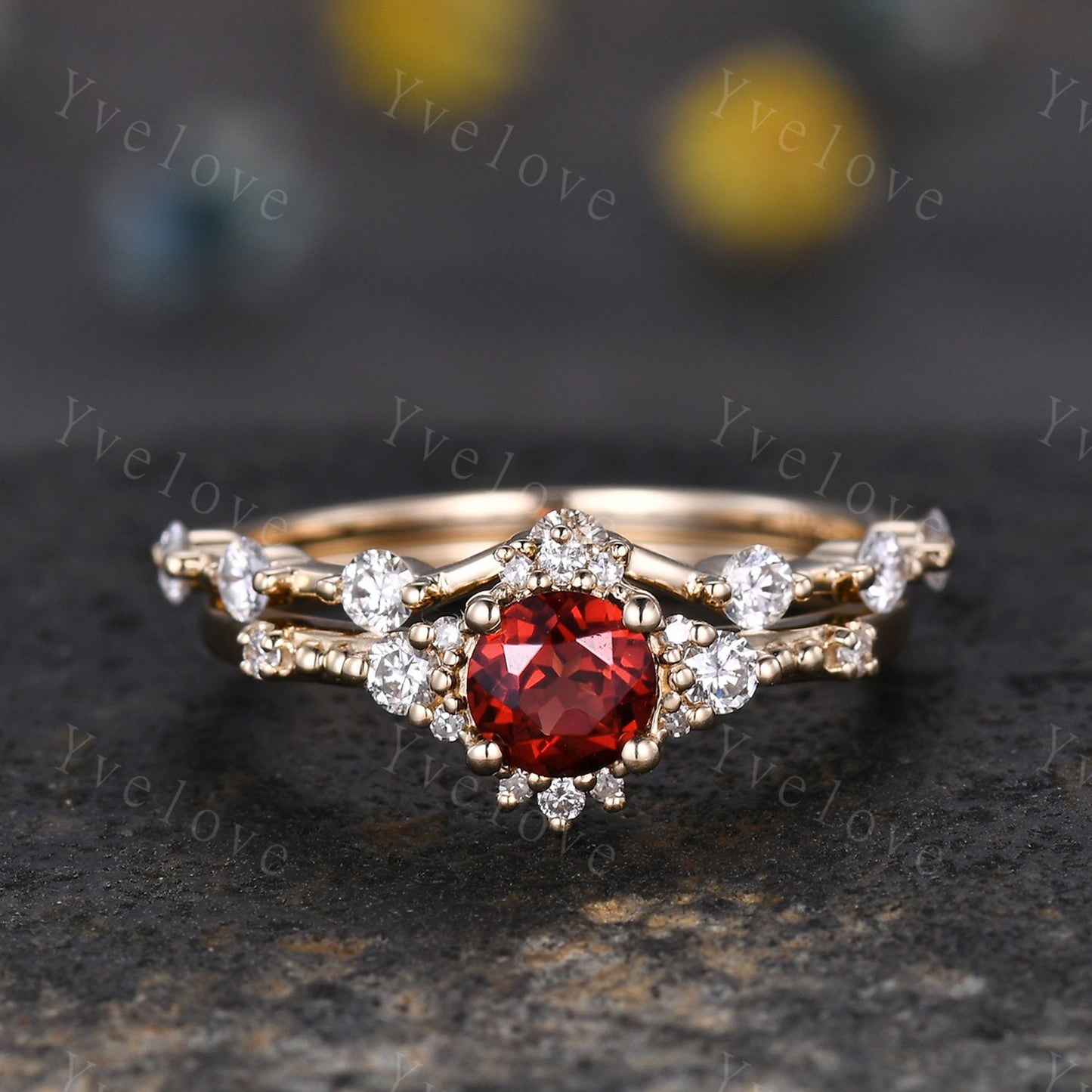2pcs Garnet Engagement Ring Set Diamond Wedding Band Moissanite Matching Band Vintage Promise Bridal Jewelry Gift For Women