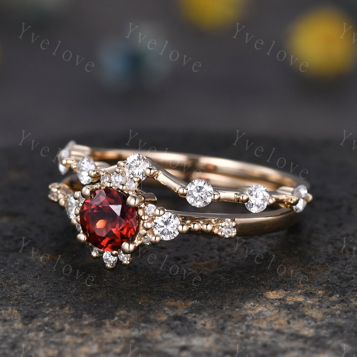 2pcs Garnet Engagement Ring Set Diamond Wedding Band Moissanite Matching Band Vintage Promise Bridal Jewelry Gift For Women