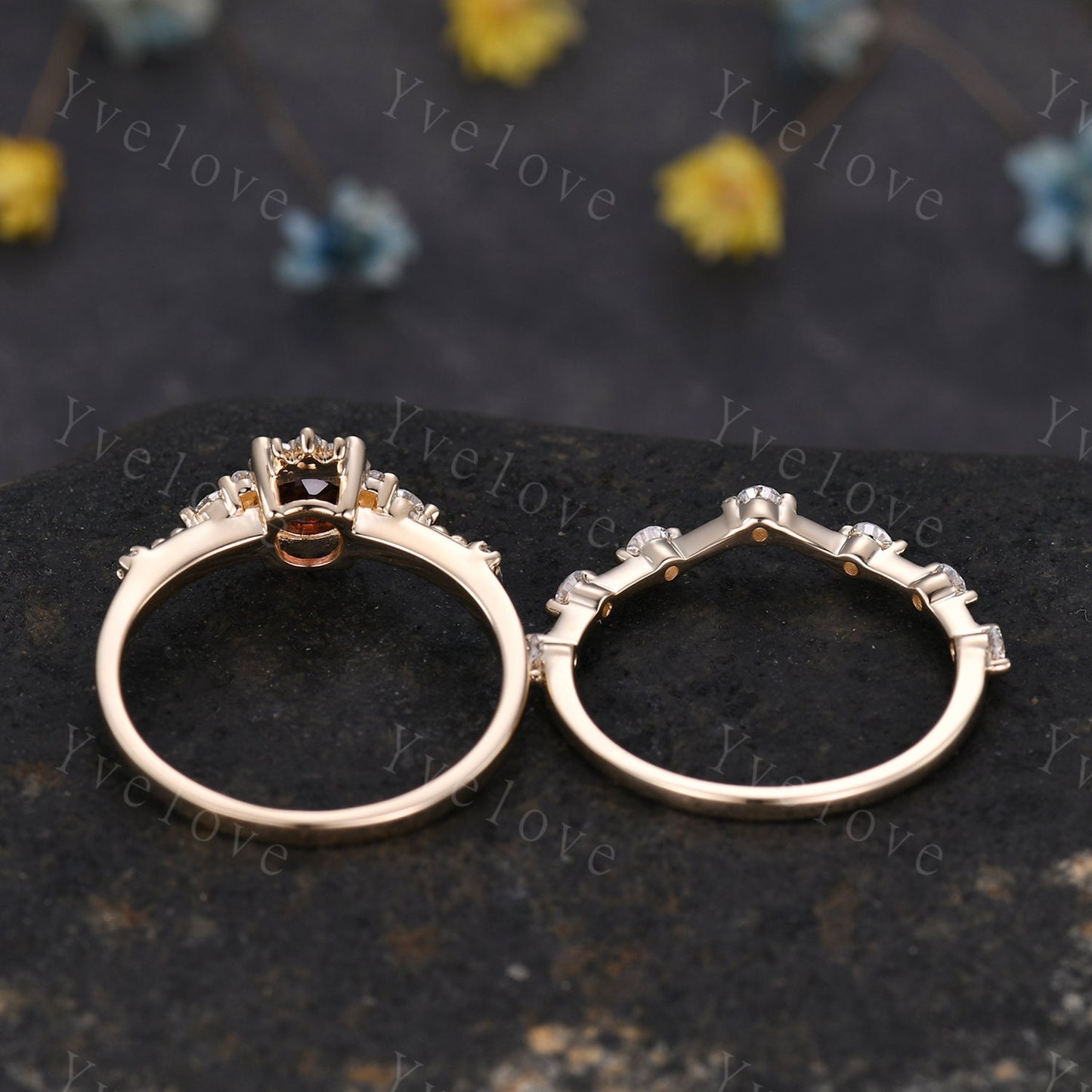 2pcs Garnet Engagement Ring Set Diamond Wedding Band Moissanite Matching Band Vintage Promise Bridal Jewelry Gift For Women