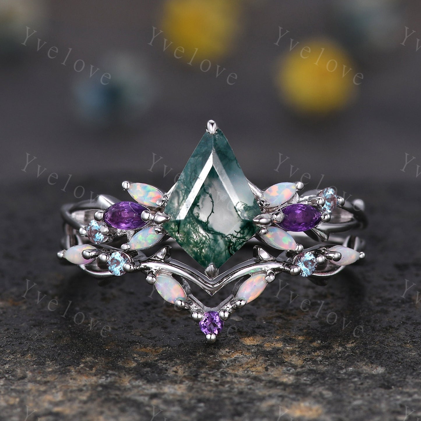 Vintage Kite Moss Agate Engagement Ring Set,Black Gold,Vines Amethyst Opal Ring,Women Bridal Set,Unique Twig Anniversary Promise Ring Gift