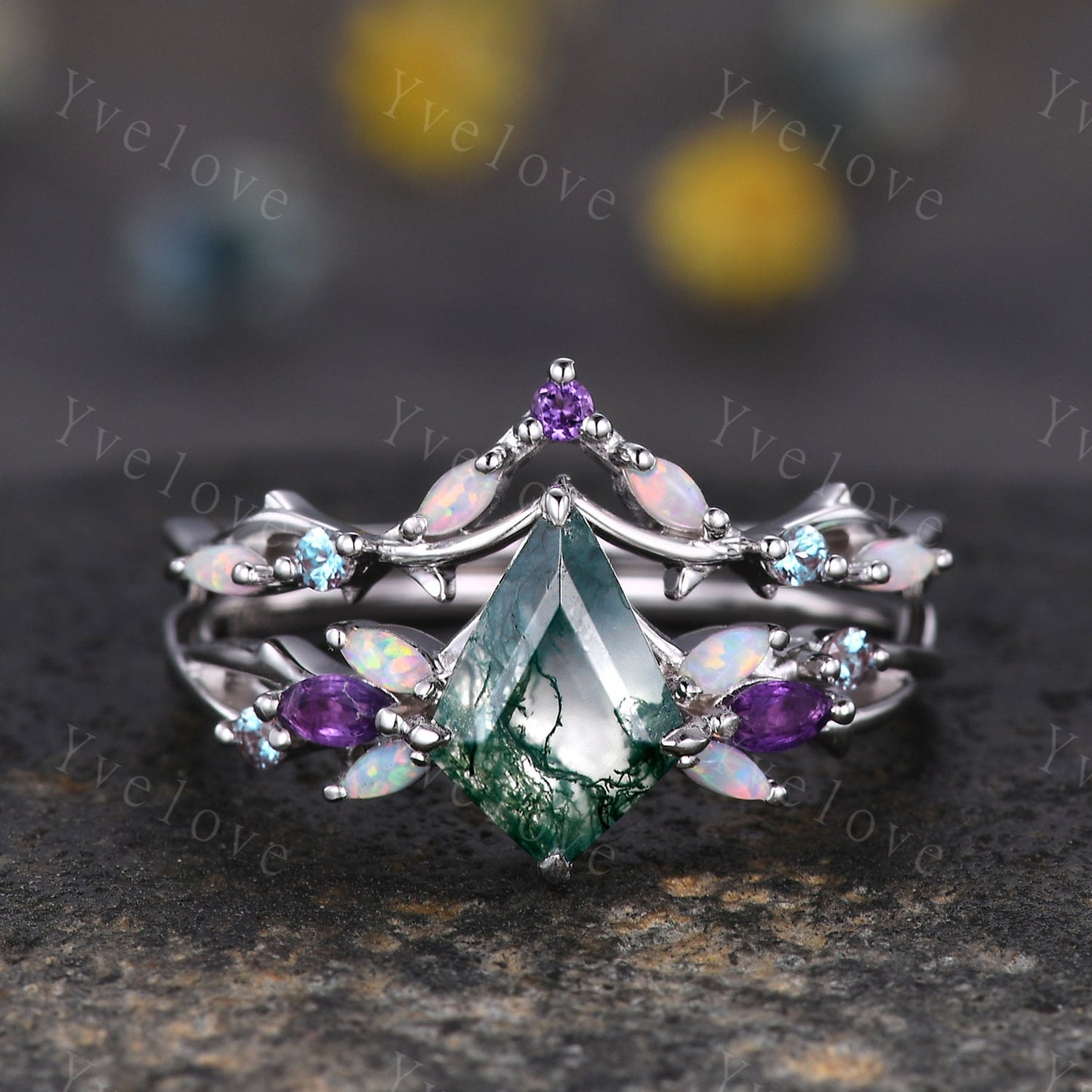 Vintage Kite Moss Agate Engagement Ring Set,White Gold,Vines Amethyst Opal Ring,Women Bridal Set,Unique Twig Anniversary Promise Ring Gift