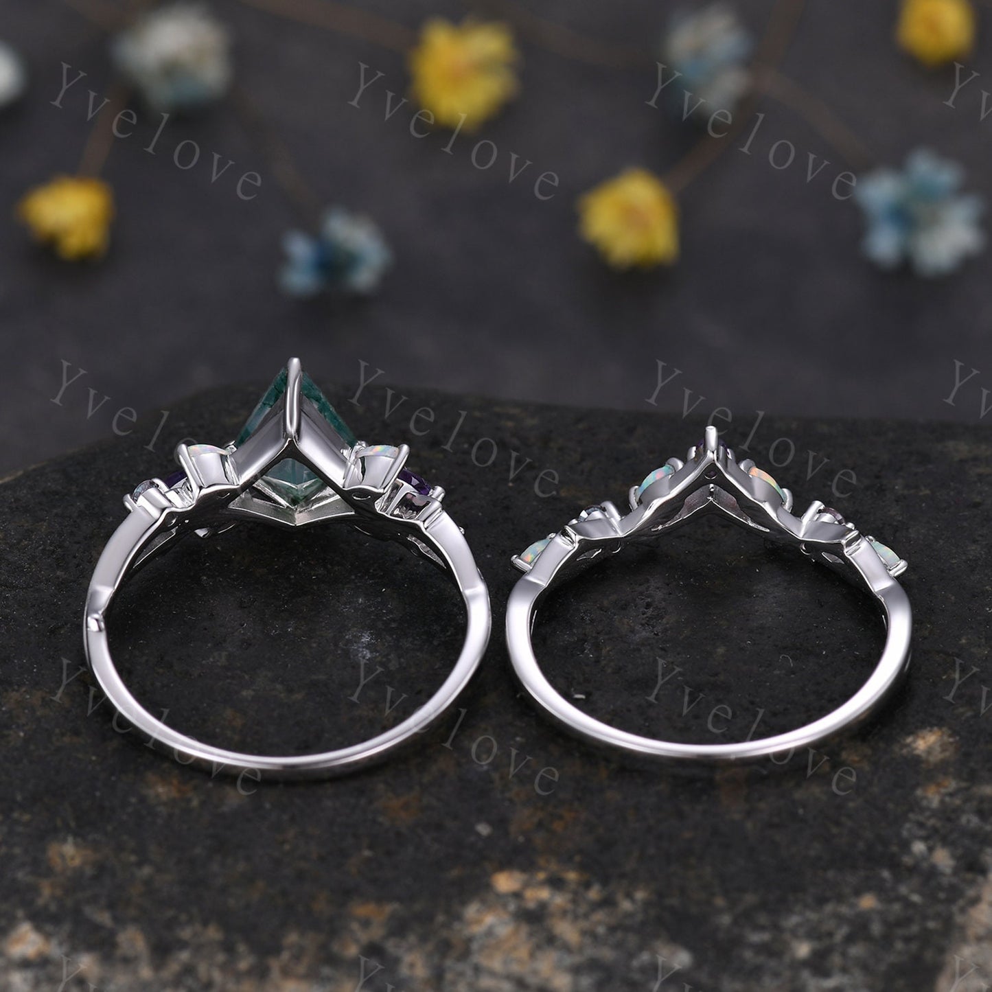 Vintage Kite Moss Agate Engagement Ring Set,White Gold,Vines Amethyst Opal Ring,Women Bridal Set,Unique Twig Anniversary Promise Ring Gift