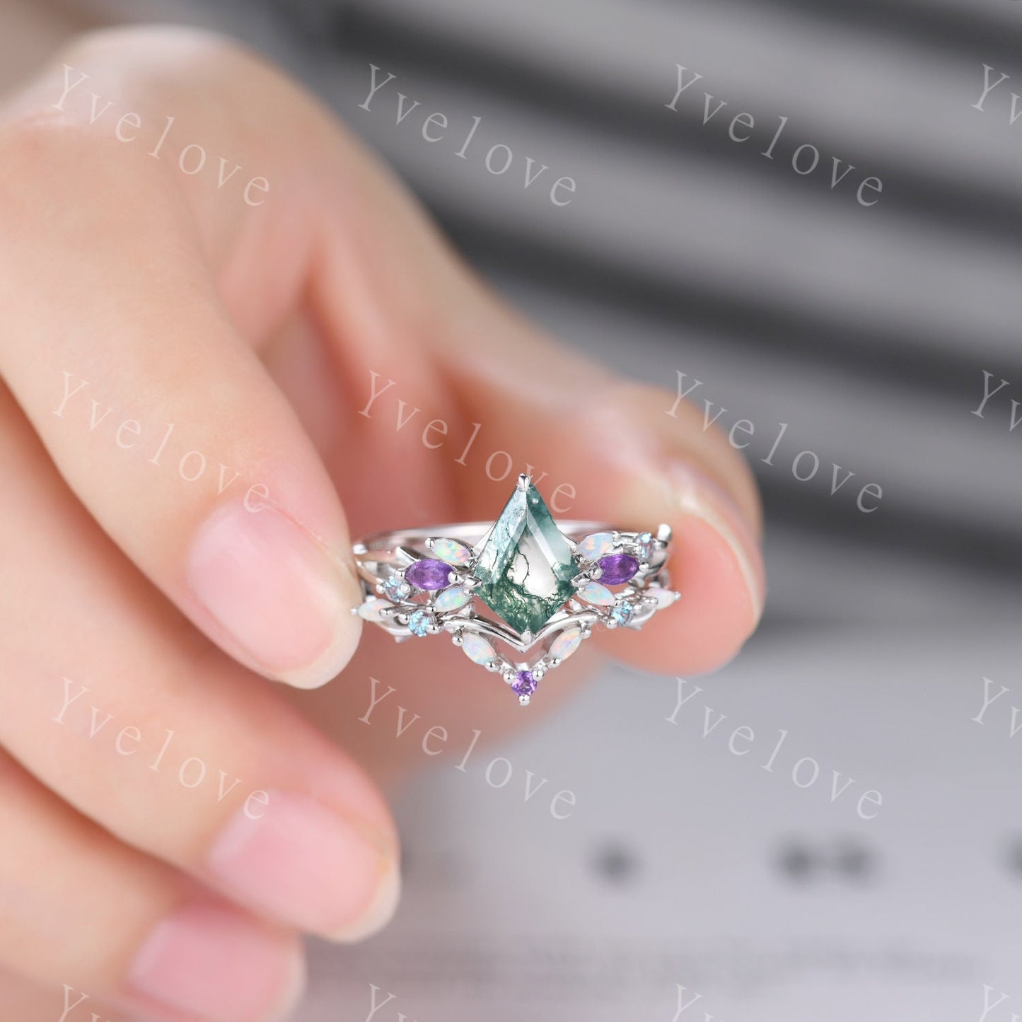 Vintage Kite Moss Agate Engagement Ring Set,White Gold,Vines Amethyst Opal Ring,Women Bridal Set,Unique Twig Anniversary Promise Ring Gift