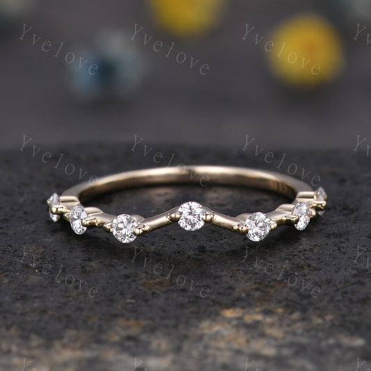 Dainty Diamond Wedding Band 14k Solid Gold Curved Wedding Ring Stacking Matching Band For Women Genuine Diamond Anniversary Gift For Her