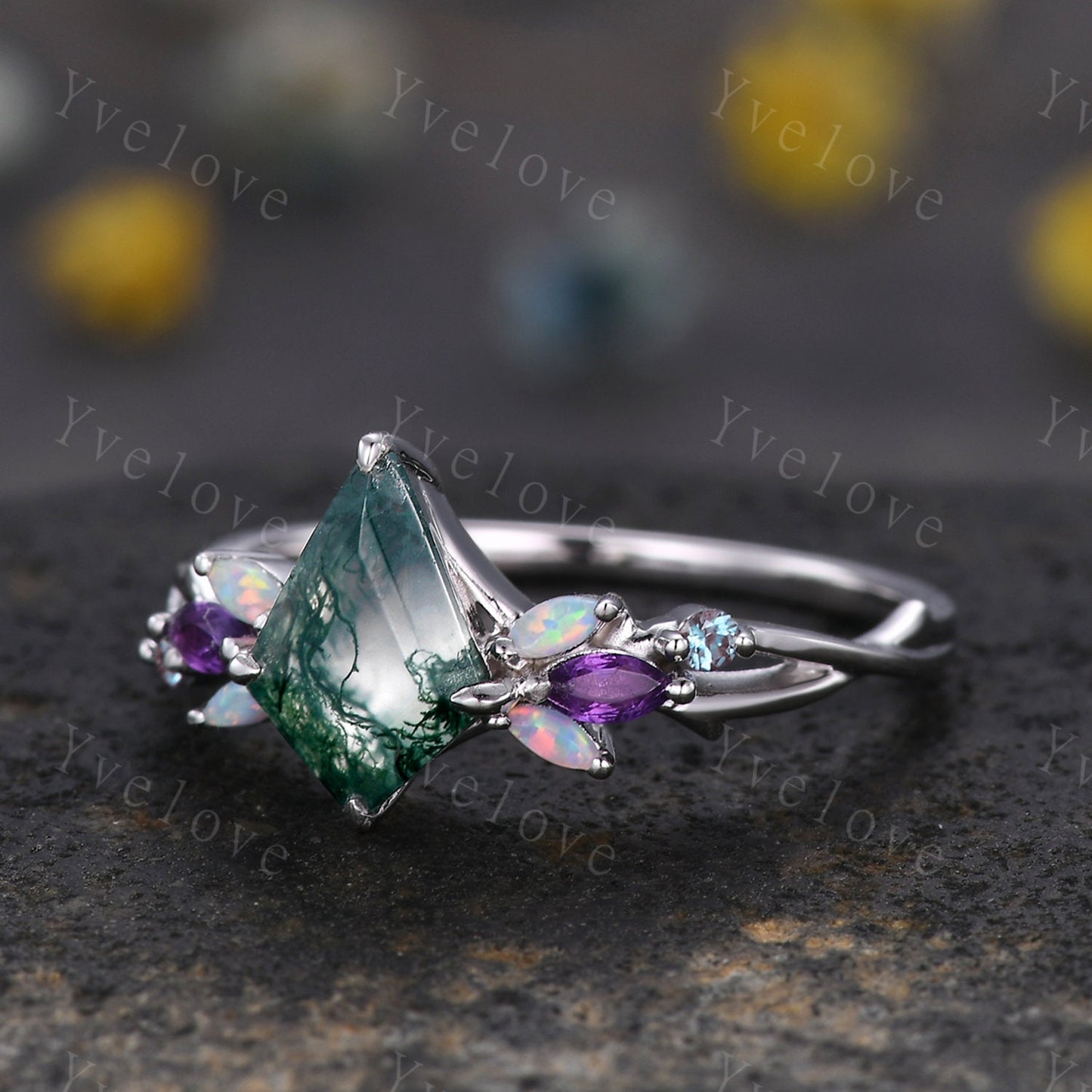 Vintage Kite Moss Agate Engagement Ring Set,White Gold,Vines Amethyst Opal Ring,Women Bridal Set,Unique Twig Anniversary Promise Ring Gift
