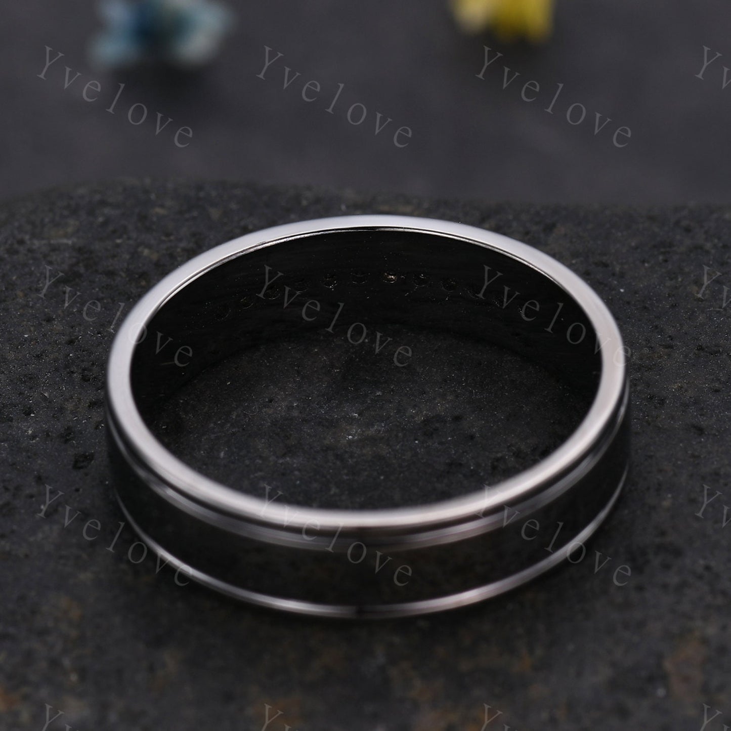 Mens Black Diamond Wedding Band Black Band Diamond channel Set Ring Unisex Stacking Matching Band Retro Vintage Ring Gift For Her or Him