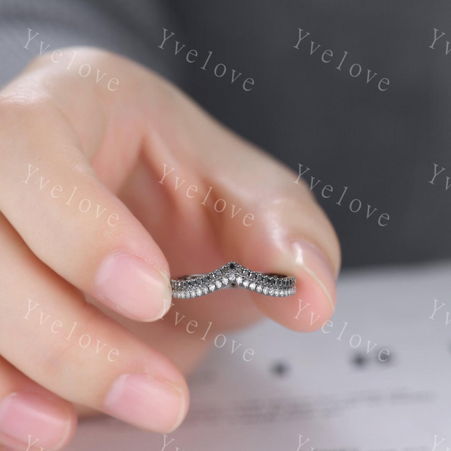 V shape diamond wedding band two row black diamond matching band stacking ring 14k solid black gold anniversary ring antique ring for women