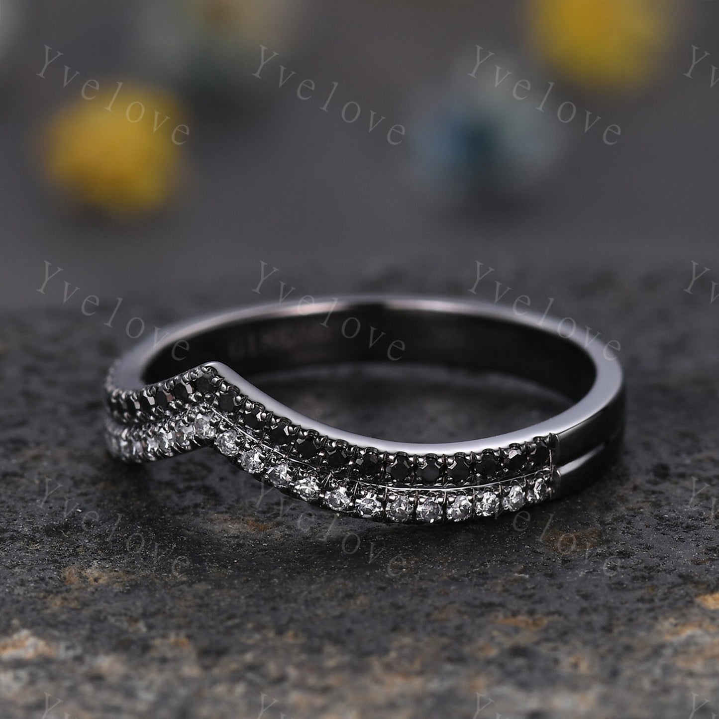 V shape diamond wedding band two row black diamond matching band stacking ring 14k solid black gold anniversary ring antique ring for women