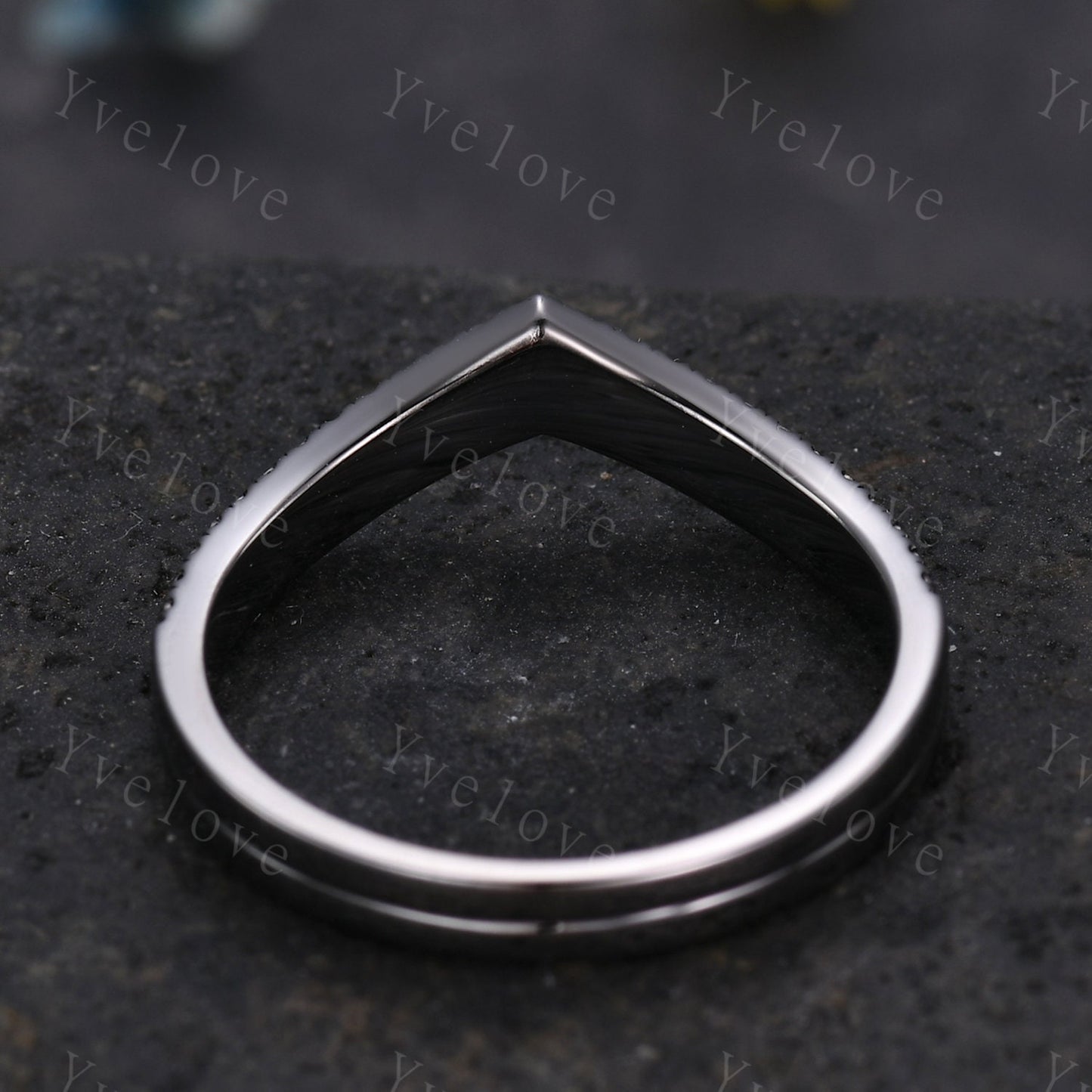 V shape diamond wedding band two row black diamond matching band stacking ring 14k solid black gold anniversary ring antique ring for women
