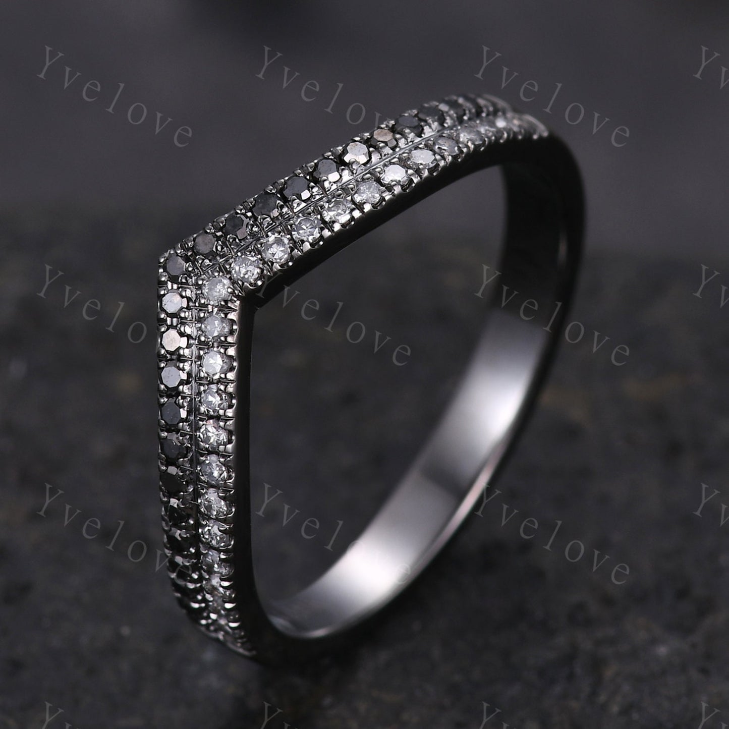 V shape diamond wedding band two row black diamond matching band stacking ring 14k solid black gold anniversary ring antique ring for women