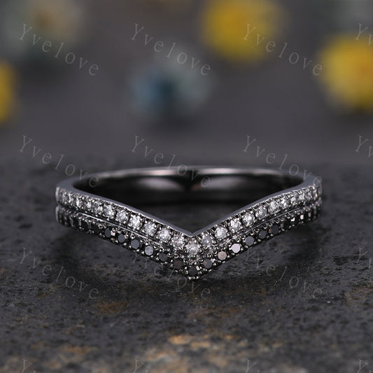 V shape diamond wedding band two row black diamond matching band stacking ring 14k solid black gold anniversary ring antique ring for women