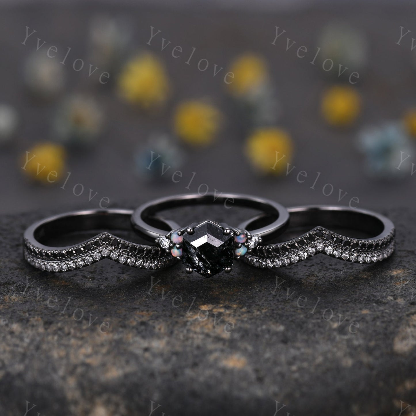 3 Set Unique Hexagon Black Rutilate Quartz Engagement Ring,White Opal Black Diamond Ring,Black Wedding Band,Vintage Gift Bridal Promise Ring