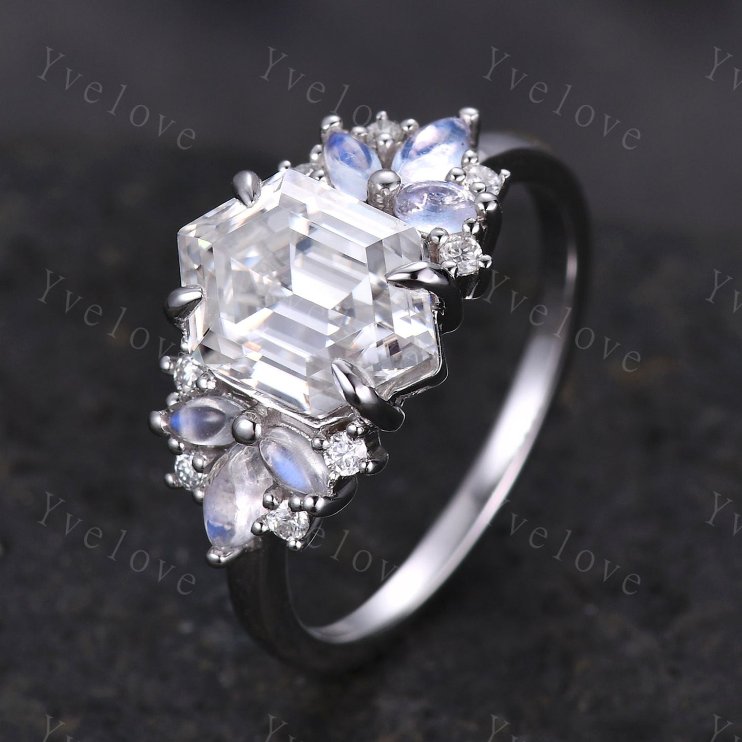 Vintage Hexagon Moissanite Engagement ring,Unique Marquise Moonstone Ring,Cluster Ring,White Gold,Women Bridal Wedding Band,Statement Ring