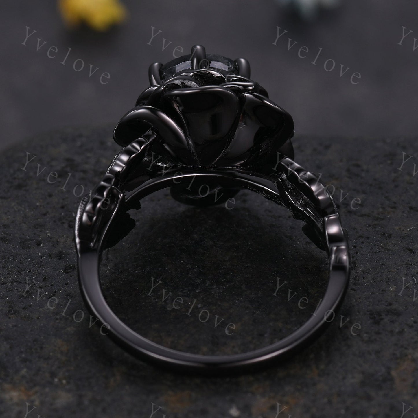 Black Rutilated Quartz Rose Flower Engagement Ring Black Silver Band Romantic Wedding Ring Promise Ring Women Statement Ring Gothic Ring
