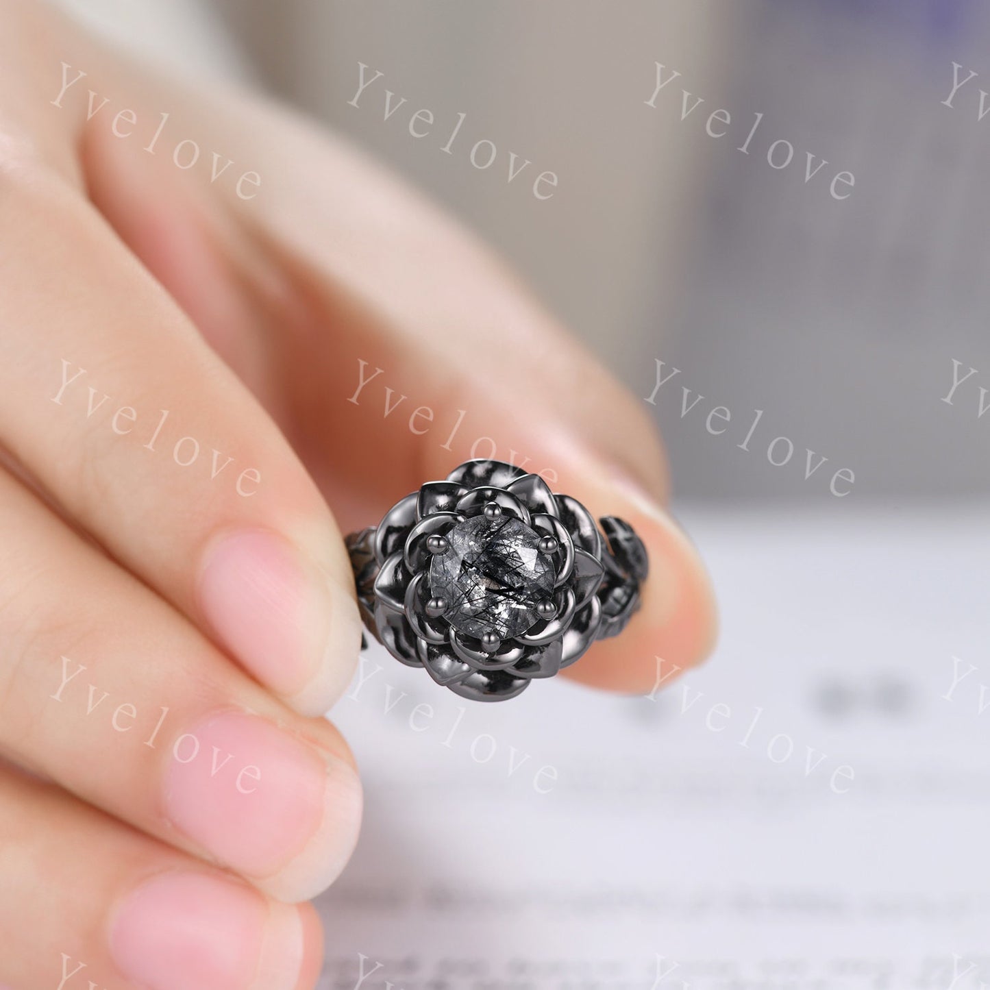 Black Rutilated Quartz Rose Flower Engagement Ring Black Silver Band Romantic Wedding Ring Promise Ring Women Statement Ring Gothic Ring