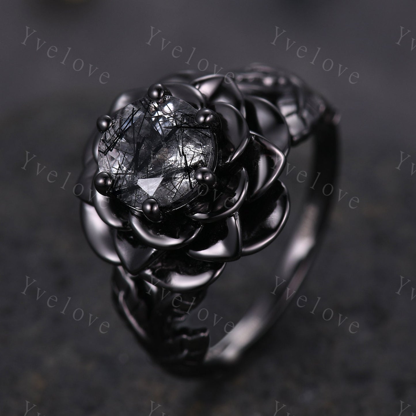 Black Rutilated Quartz Rose Flower Engagement Ring Black Silver Band Romantic Wedding Ring Promise Ring Women Statement Ring Gothic Ring